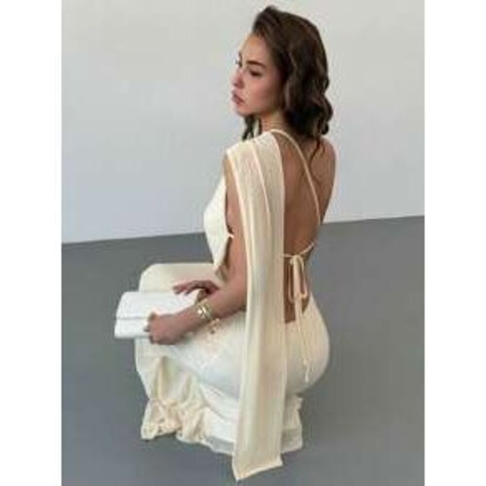 Aloruh Elegant Long Backless Mesh Apricot Color One Shoulder Dress For Women, S…